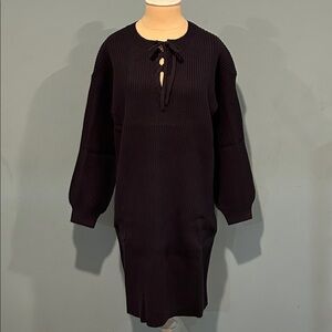 NEW Ann Taylor Navy Blue Lace Up Pullover Ribbed Sweater Dress Medium Petite
